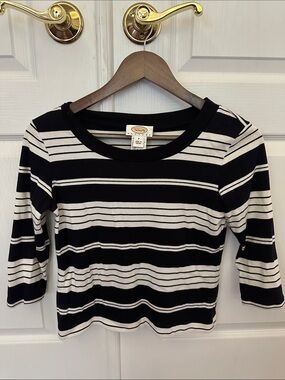 Talbots petite Black and White Striped Boatneck Top